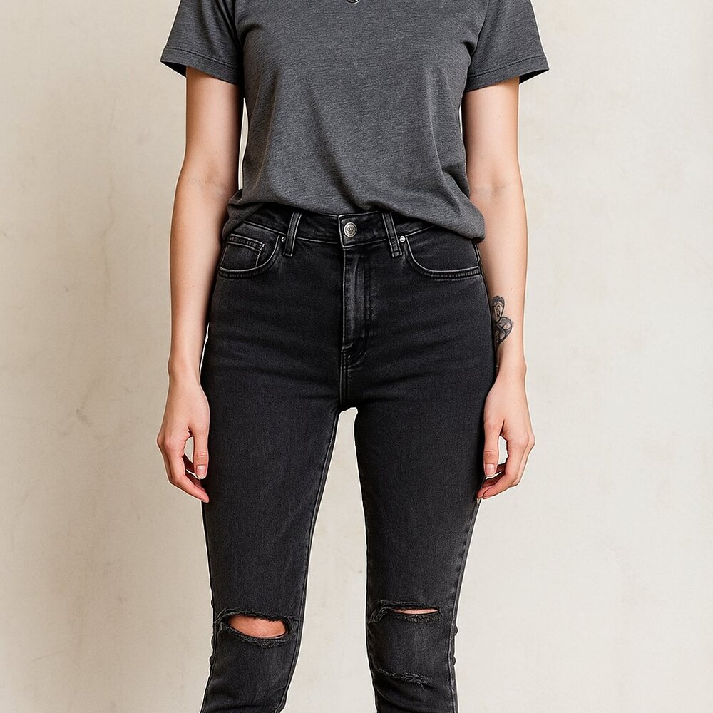 Bershka High Rise Distressed Rip Jeans Charcoal Grey